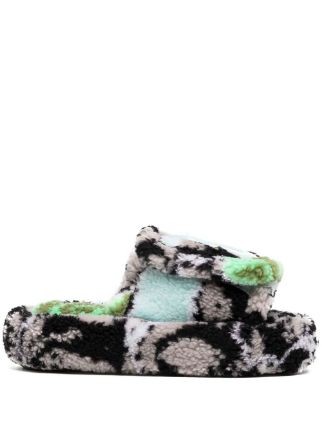 CAMOUFLAGE-PATTERN FAUX FUR SLIDES GRY BLU