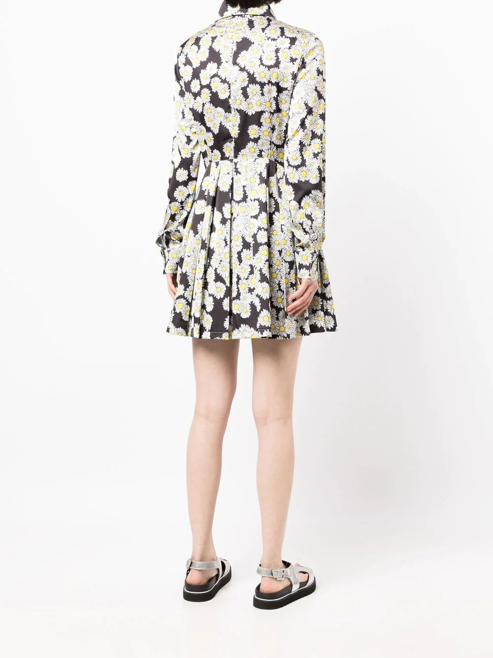 DAISY-PRINT PLEATED SHIRT DRESS BLK