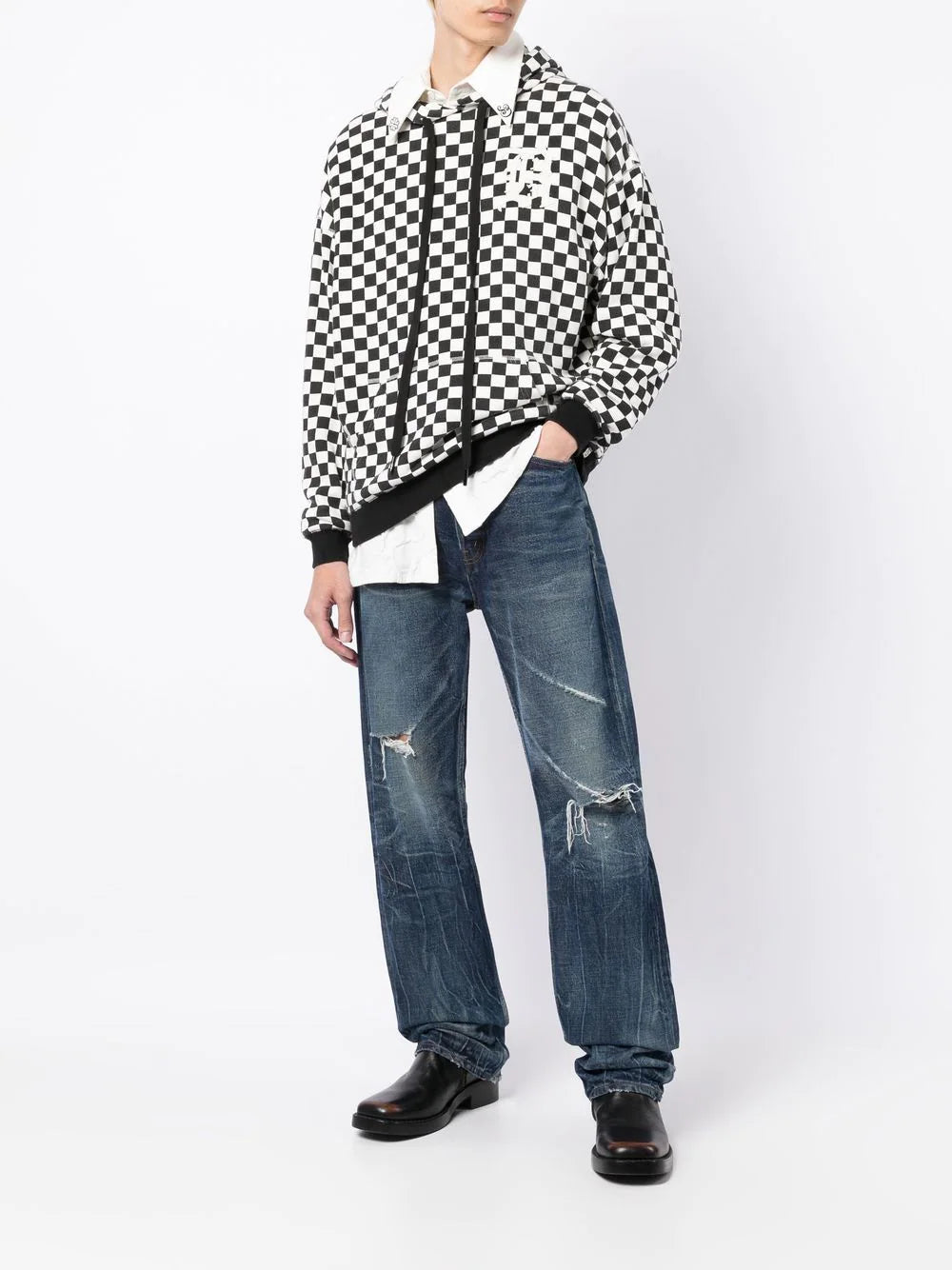 OVERSIZED CHECKED HOODIE 01B BLK WHT