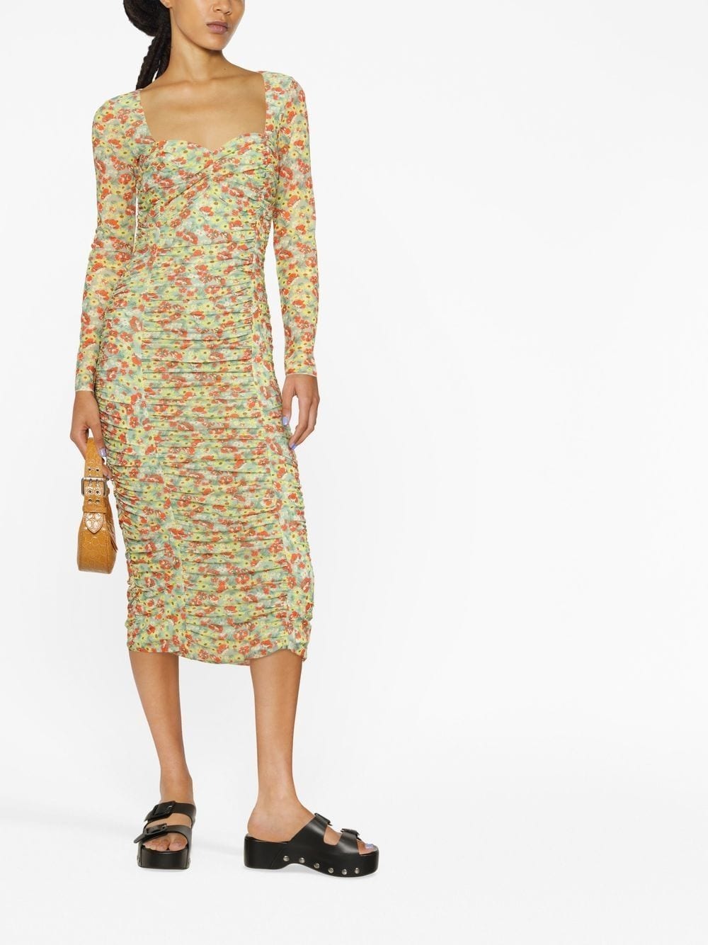 PRINTED MESH RUCHED MIDI DRESS