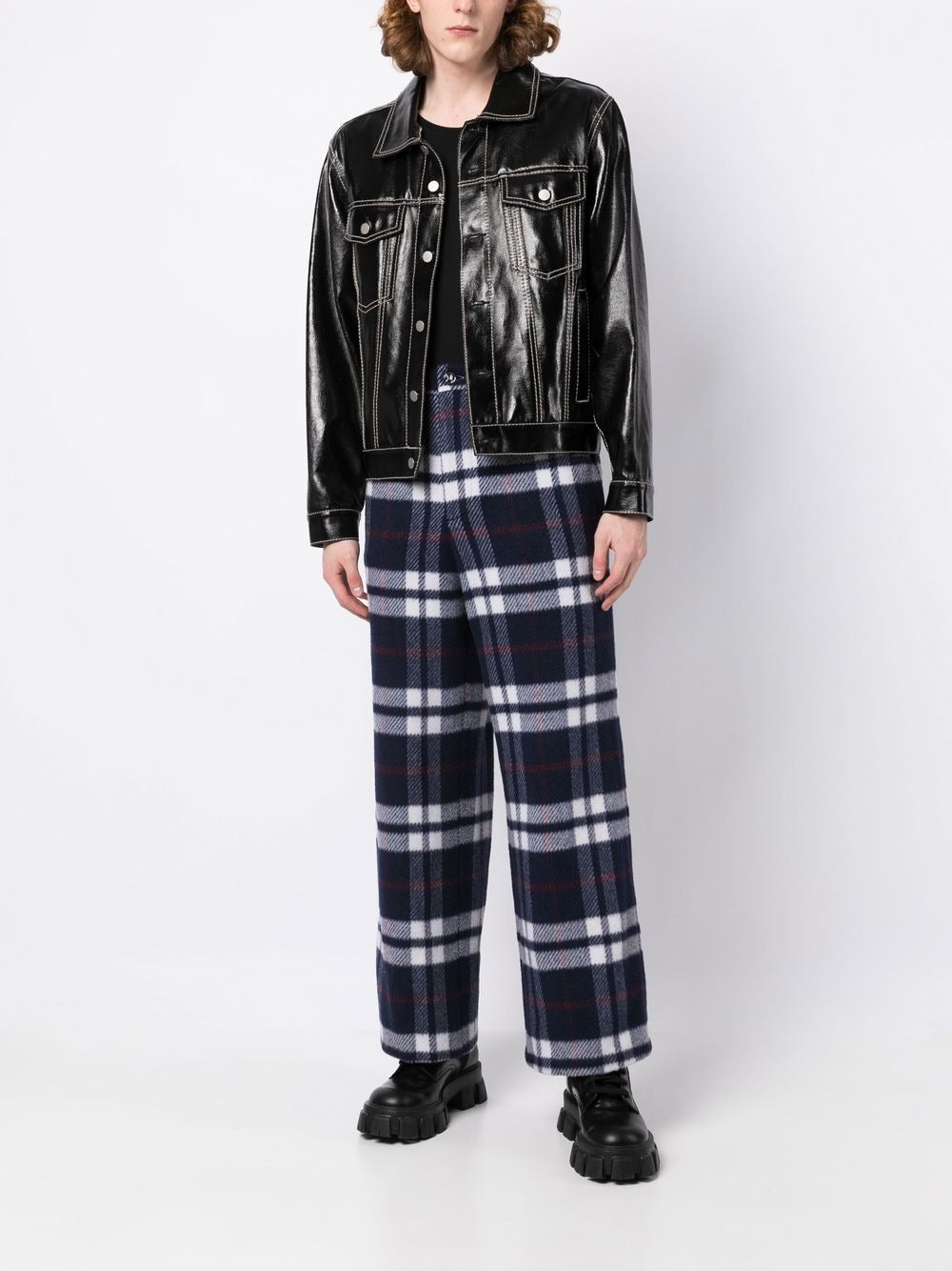 NATASHA WOOL CHECK WIDE PANTS BLU WHT