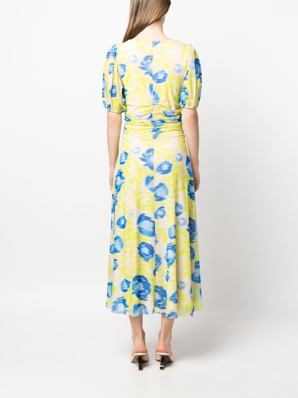 PRINTED MESH PUFF FLORAL-PRINT MIDI DRESS