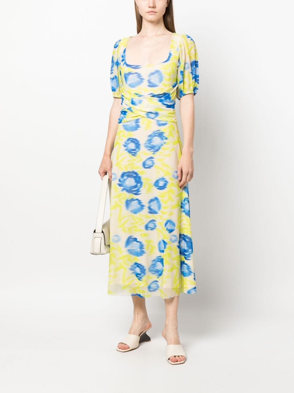 PRINTED MESH PUFF FLORAL-PRINT MIDI DRESS