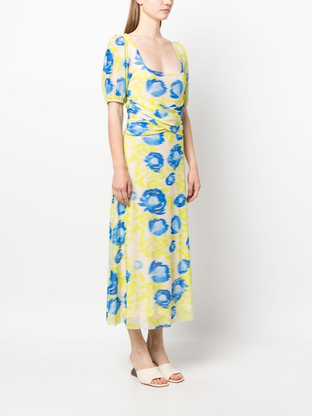 PRINTED MESH PUFF FLORAL-PRINT MIDI DRESS