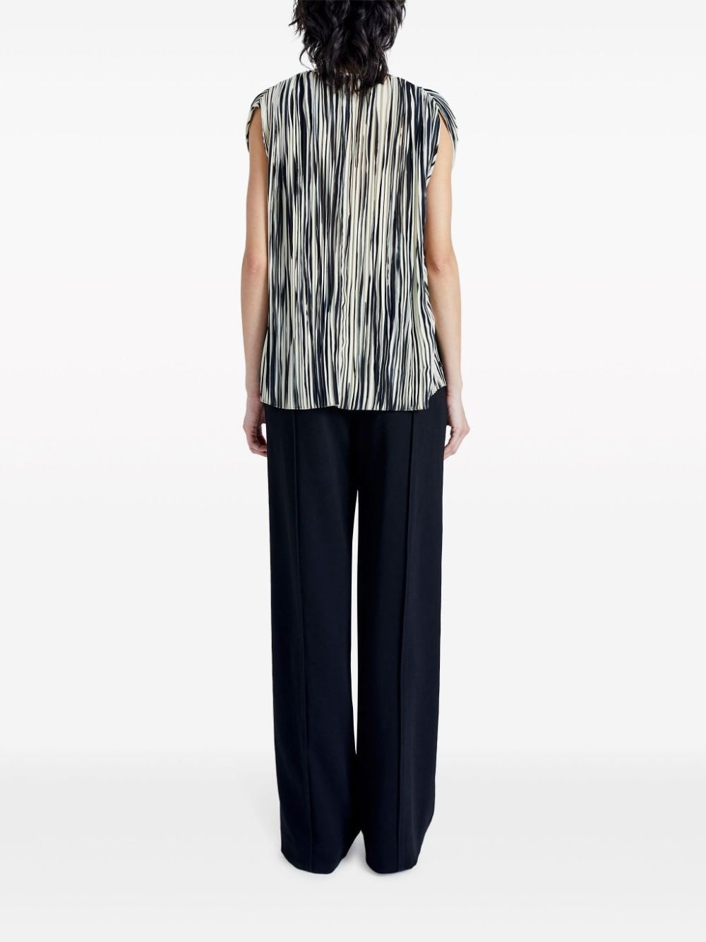 STRIPED PLEATED PRINTED SHEER CHIFFON BLOUSE