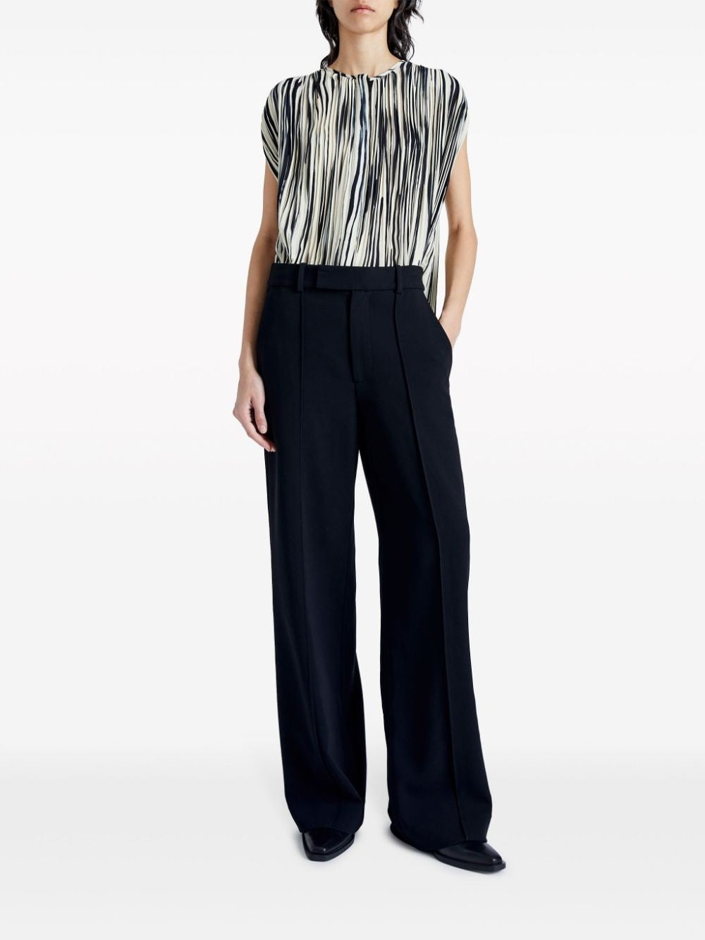 STRIPED PLEATED PRINTED SHEER CHIFFON BLOUSE