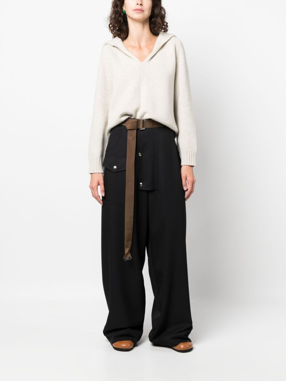 WOOL DRIL WIDE LEG BELTED CARGO TROUSERS