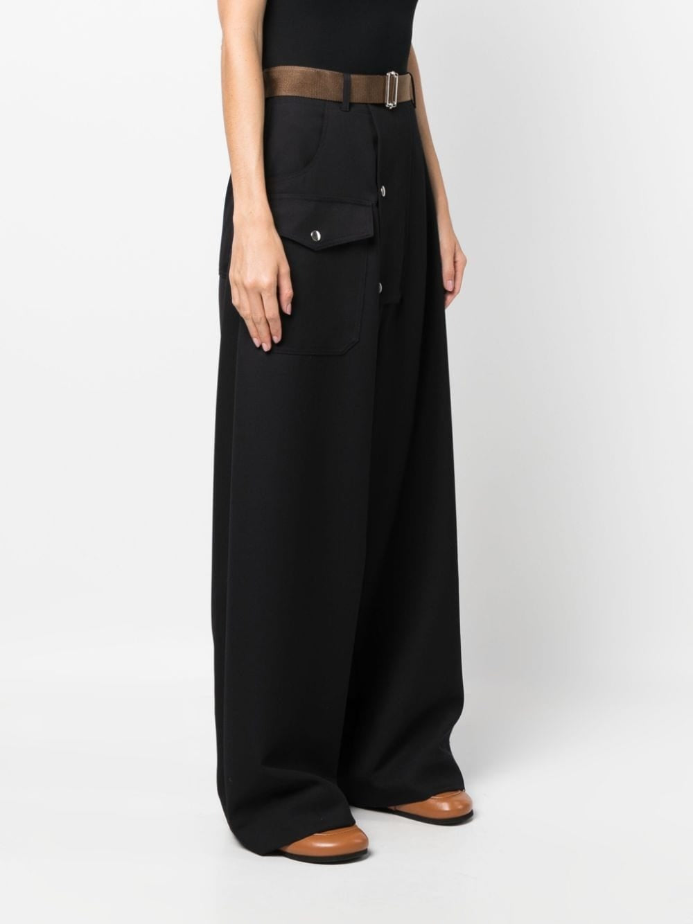 WOOL DRIL WIDE LEG BELTED CARGO TROUSERS