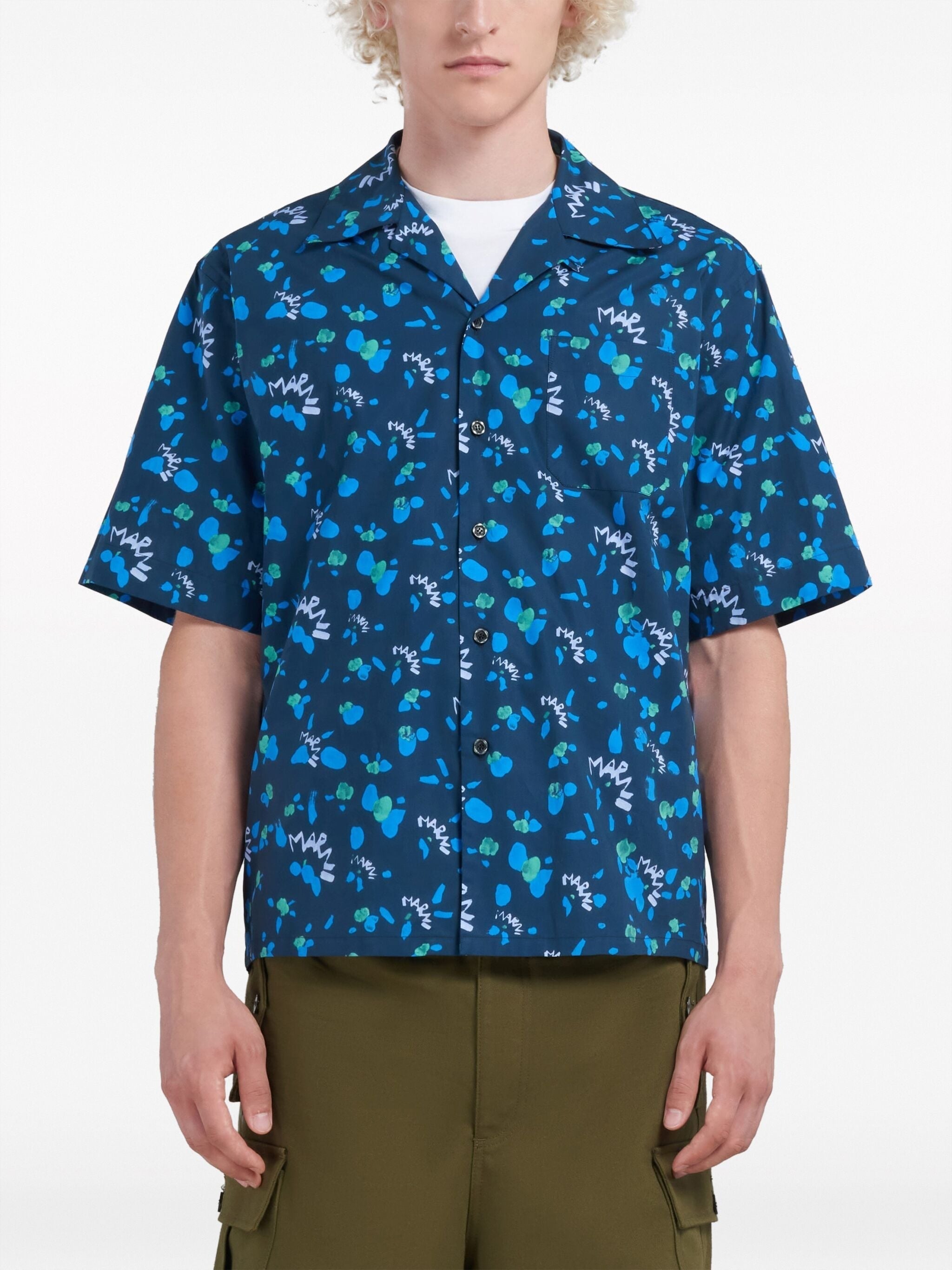 GRAPHIC-PRINT NOTCHED COLLAR COTTON S/S SHIRT