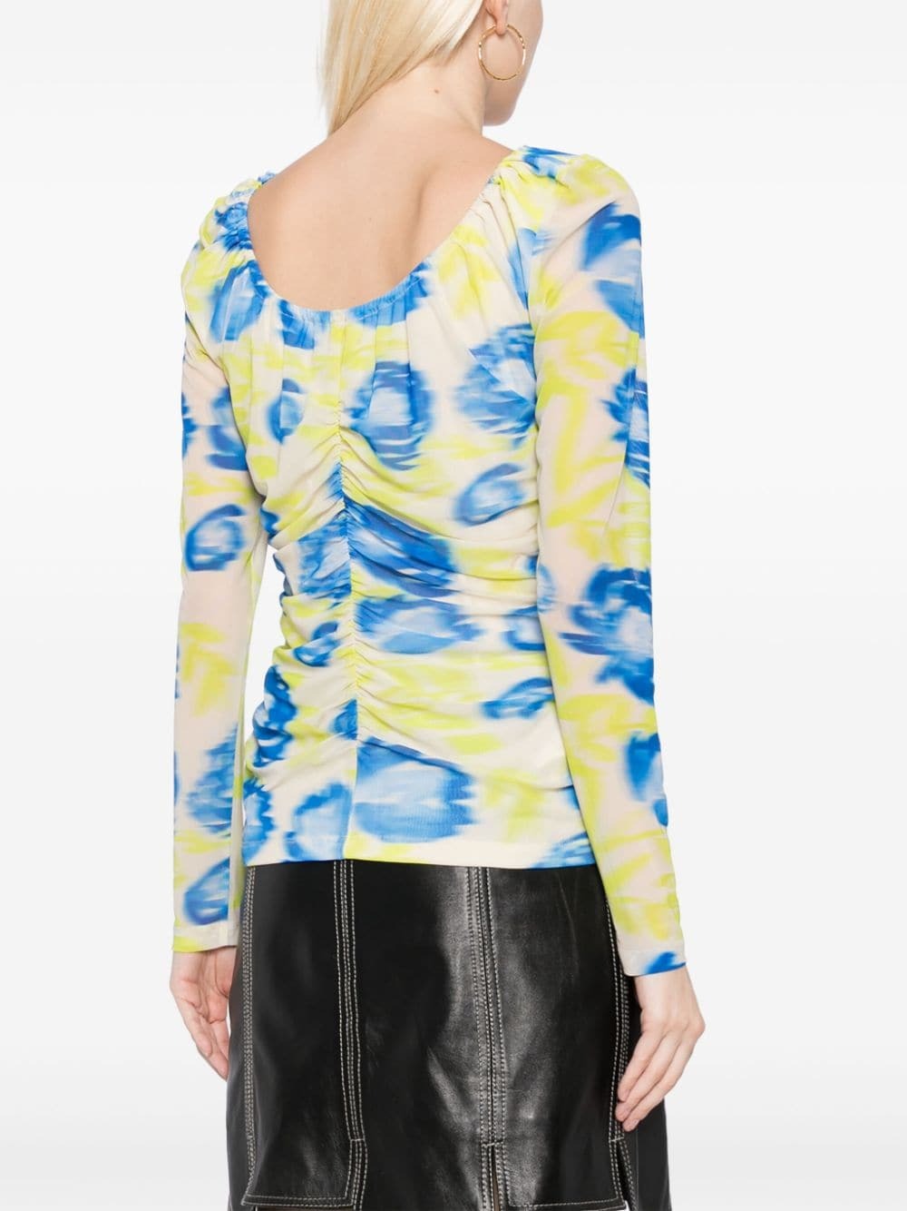 PRINTED MESH U-NECK RUCHED BLOUSE