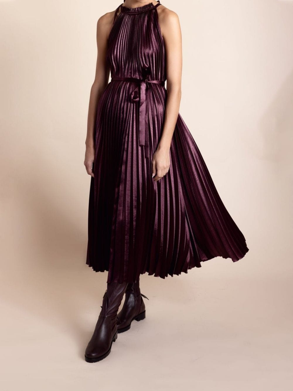 AMIKO DETACHABLE WAIST BELT PLEATED MIDI DRESS