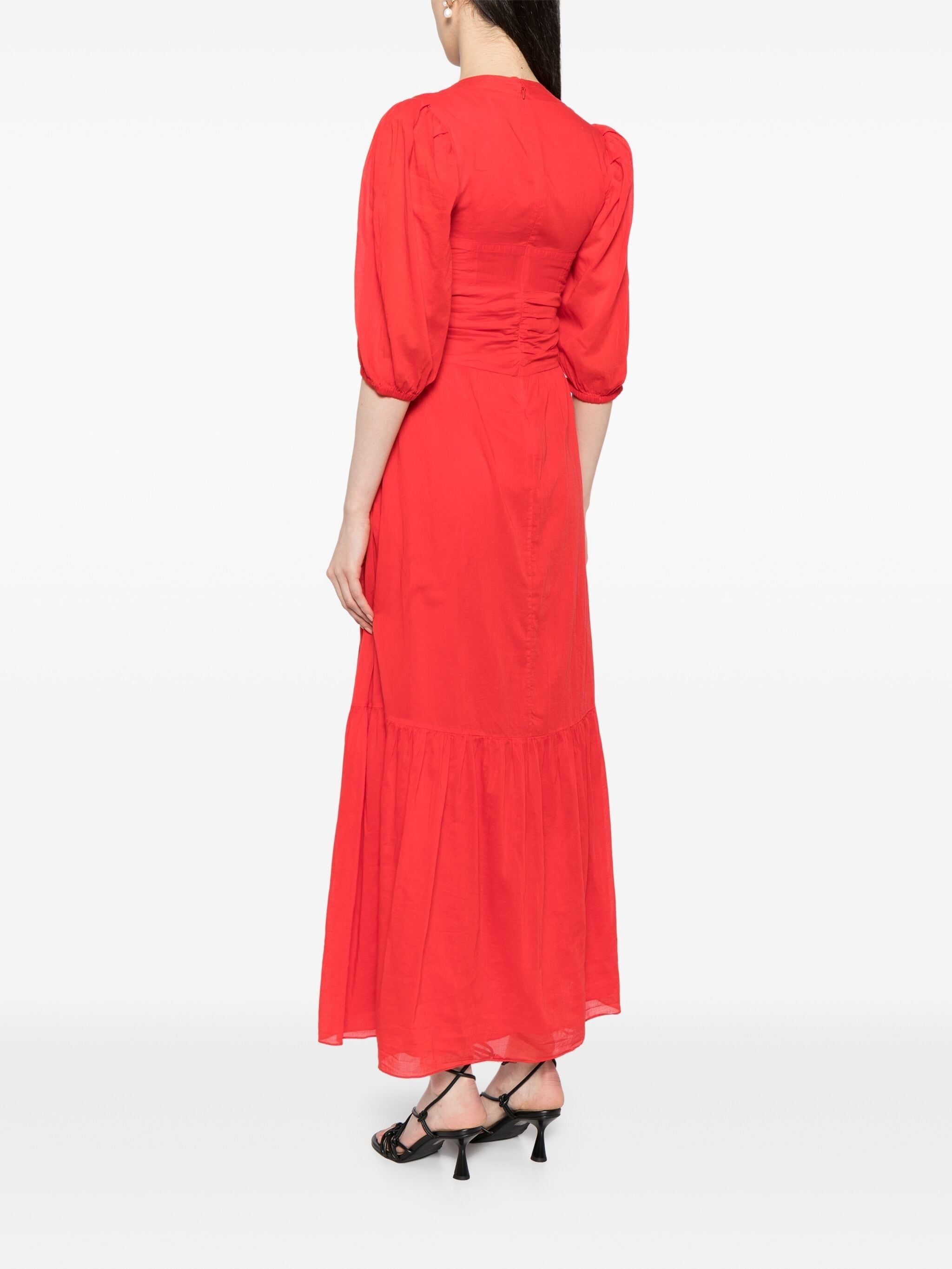 LEONIZA GATHERED V-NECK MIDI DRESS