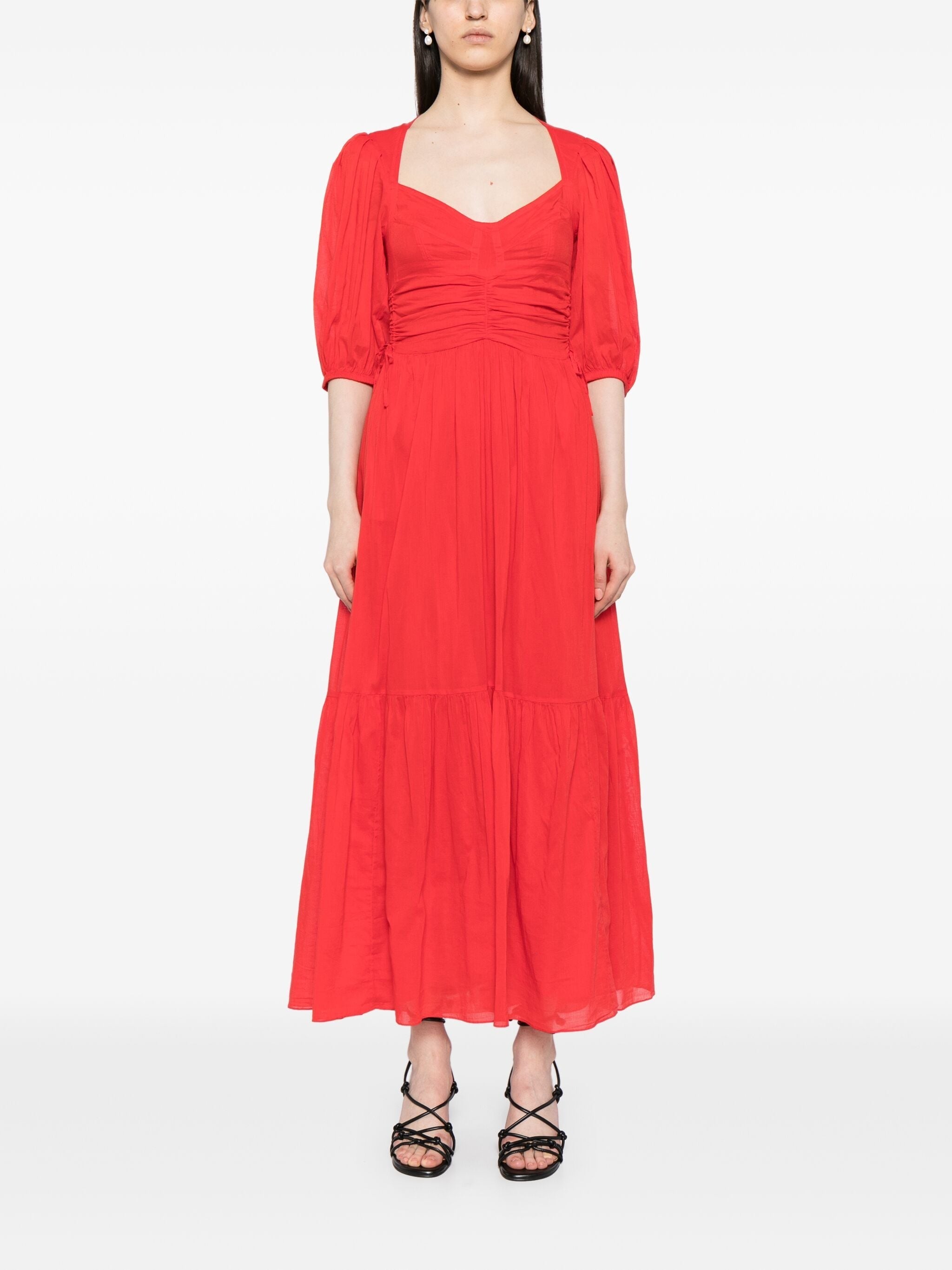 LEONIZA GATHERED V-NECK MIDI DRESS