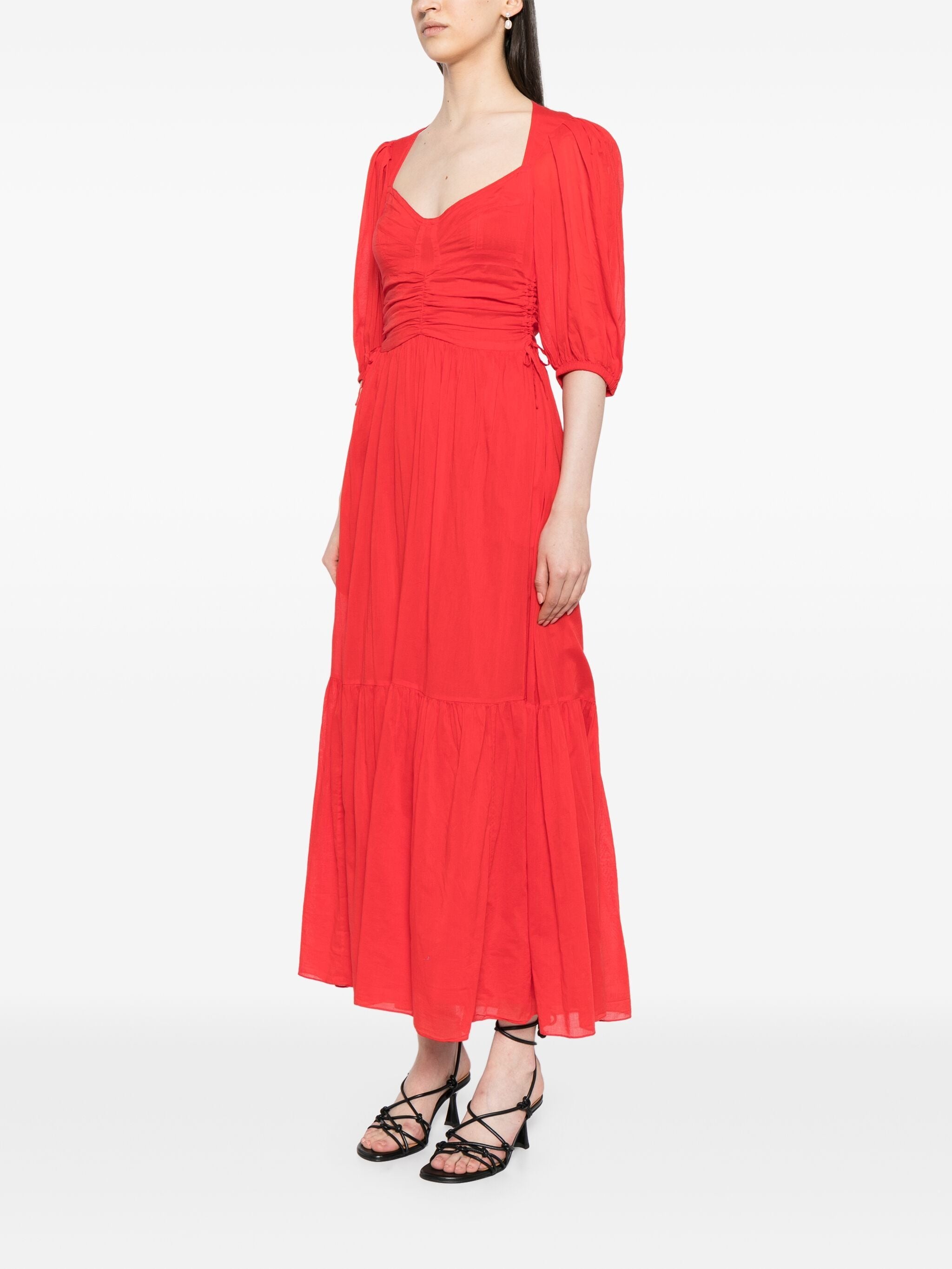 LEONIZA GATHERED V-NECK MIDI DRESS