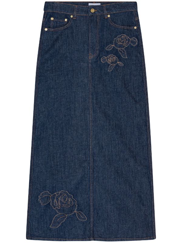 ROSE DENIM CONTRAST STITCHING MAXI SKIRT