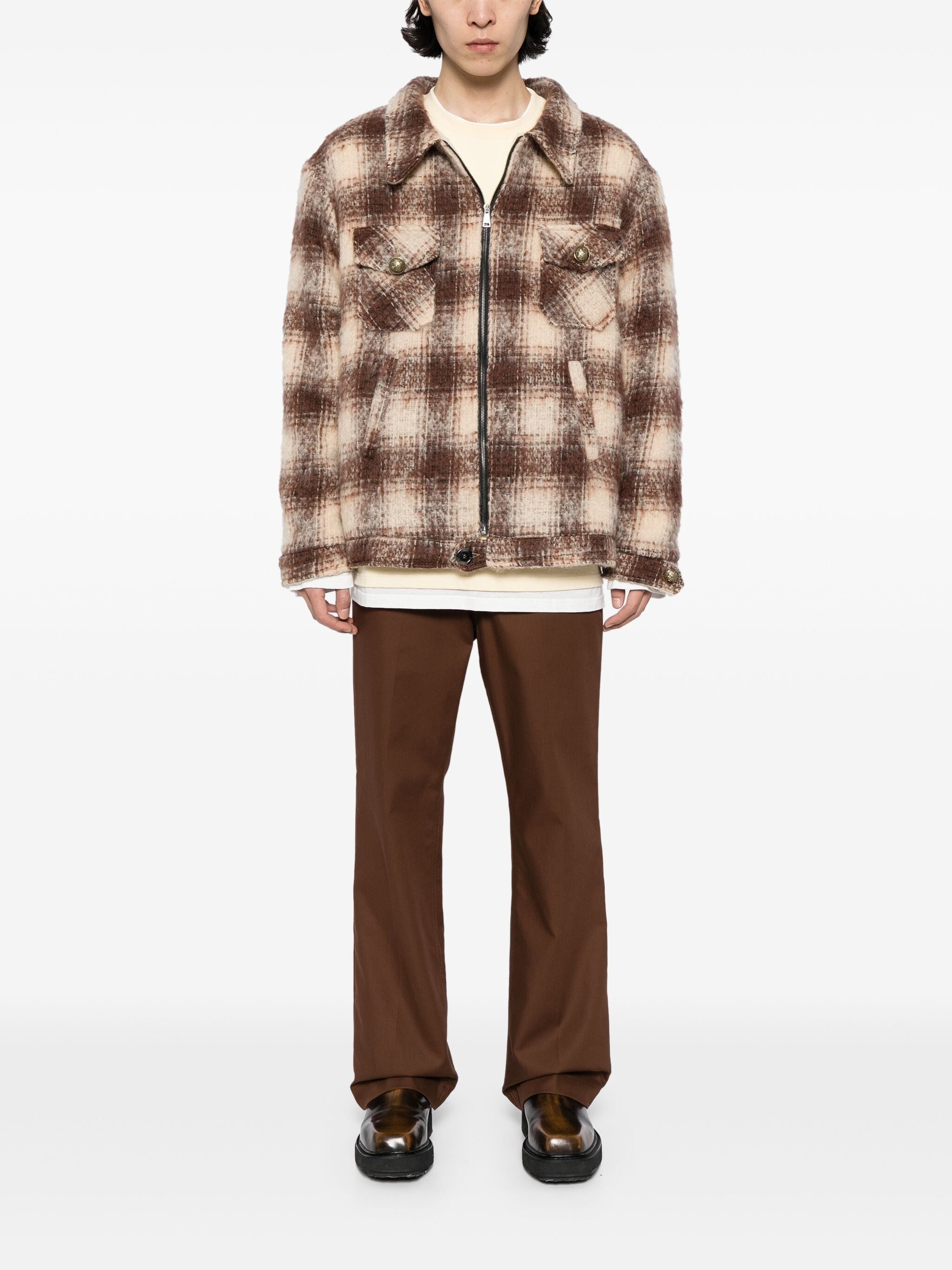 PLAID-CHECK PATTERN SHEARLING SHIRT JACKET