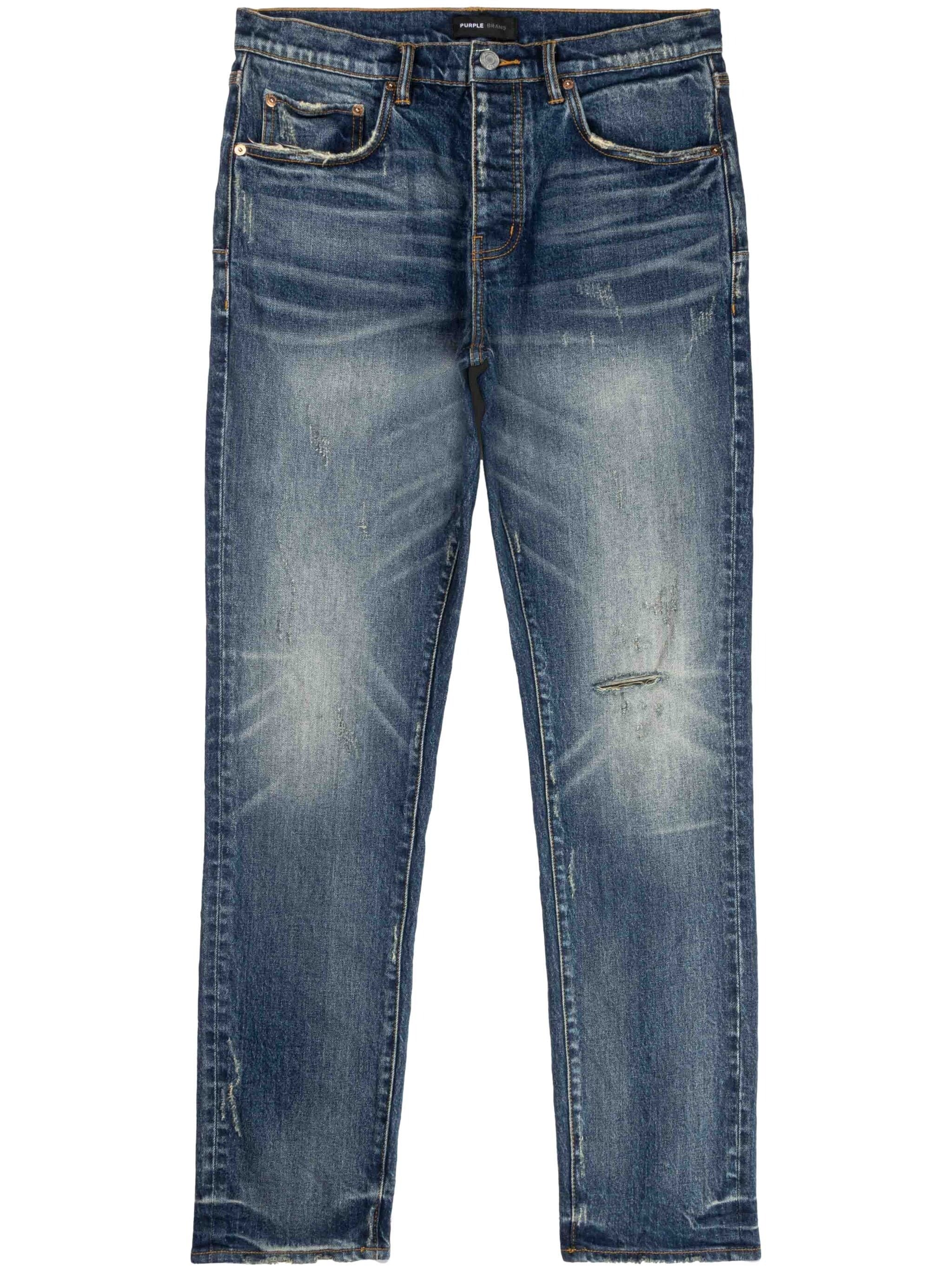 DISTRESSED SLIM-CUT WHISKERING EFFECT JEANS