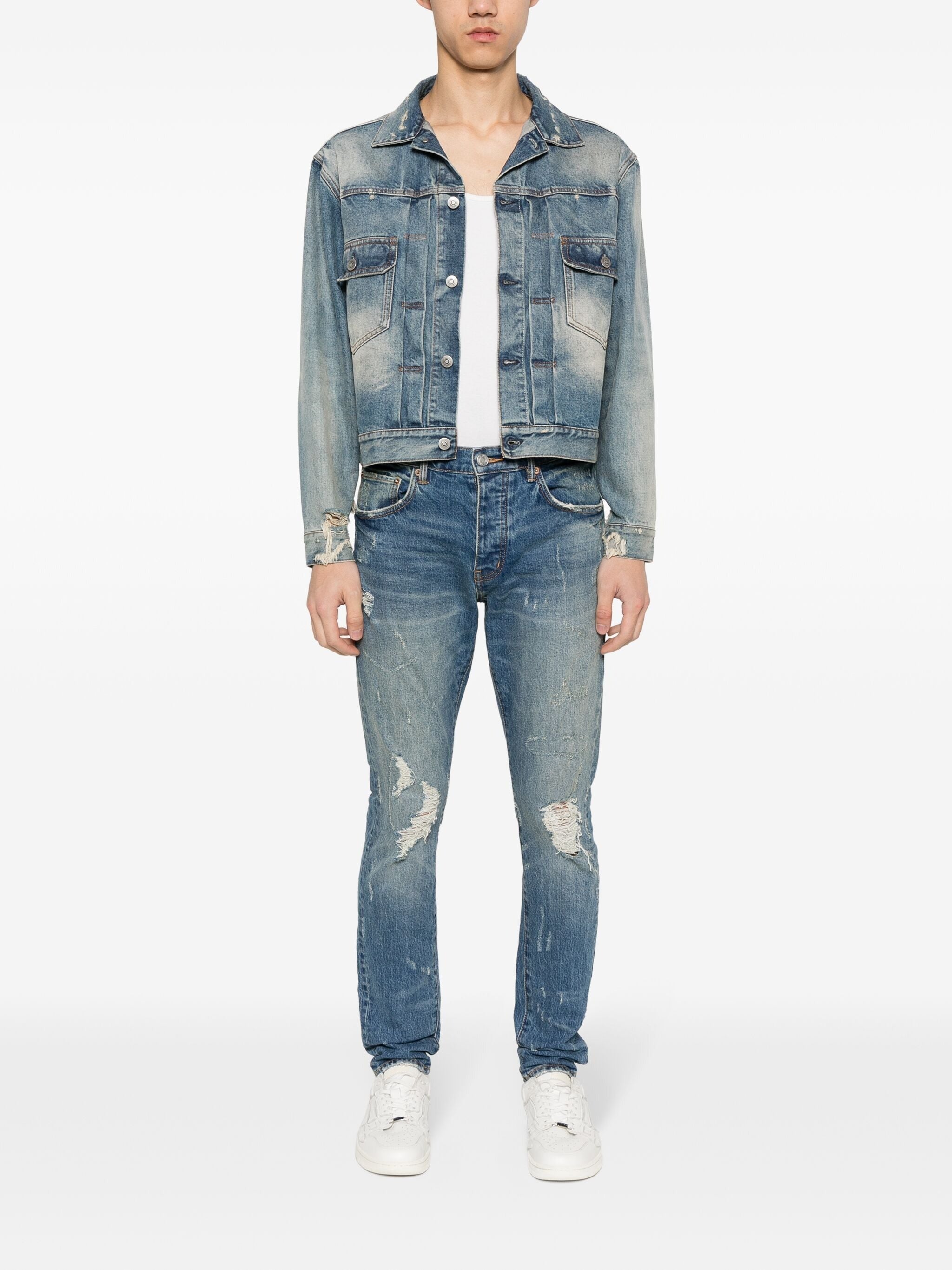 P001 DISTRESSED SLIM-FIT RIPPED DETAILING JEANS