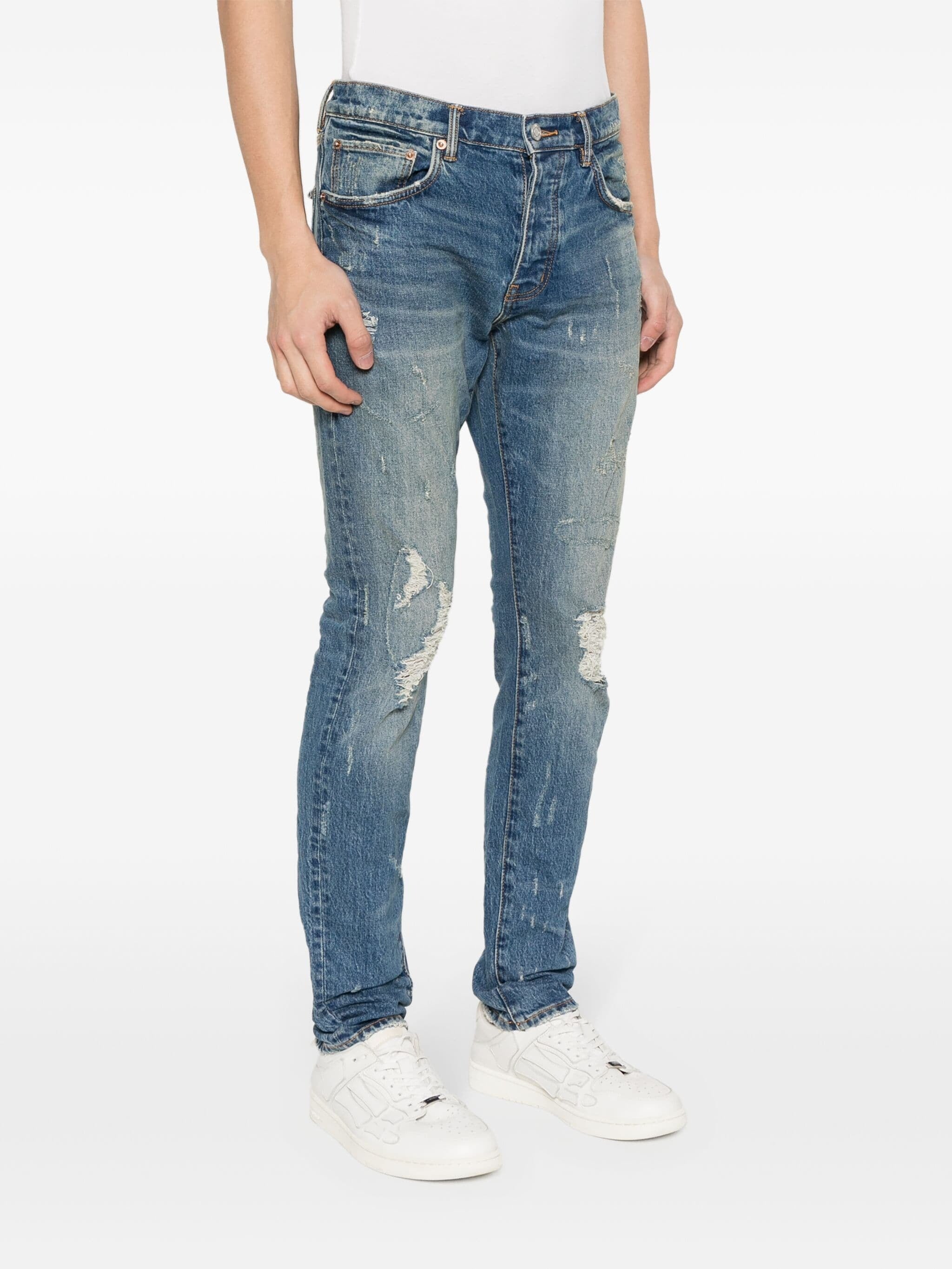 P001 DISTRESSED SLIM-FIT RIPPED DETAILING JEANS